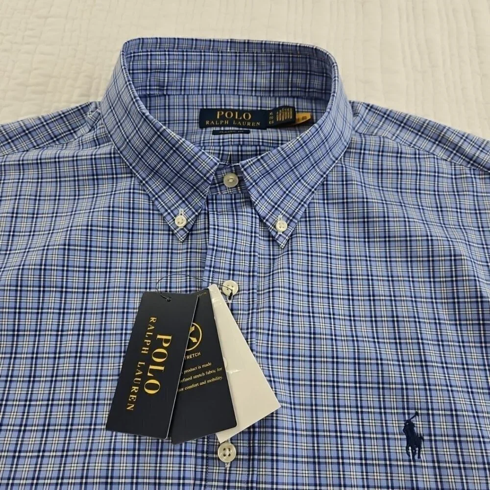 Polo Ralph Lauren Performance Shirt Men's XL Blue Plaid‎ Classic Fit Wicking NEW